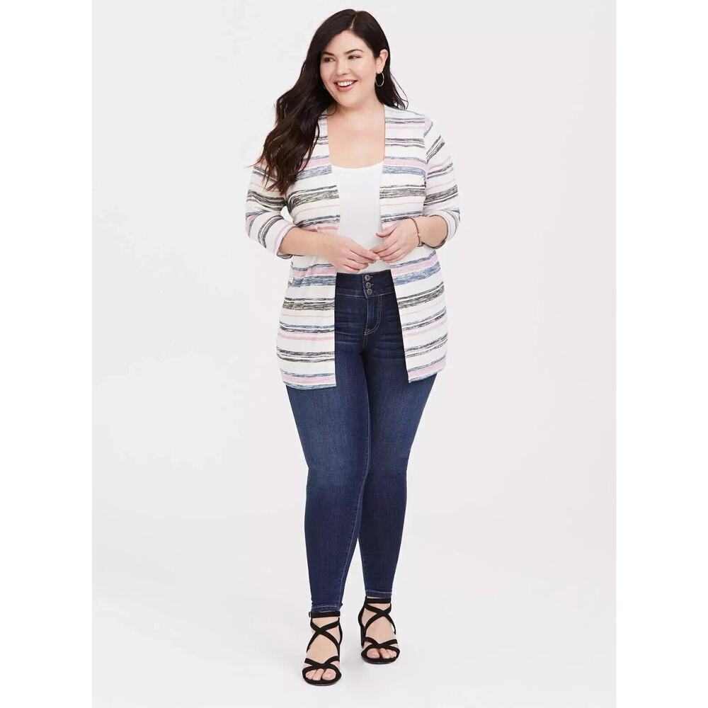 Torrid Multi Stripe Slub Knit Cardigan Women's 3X Open Front 3/4 Sleeves Stretch - Picture 2 of 7